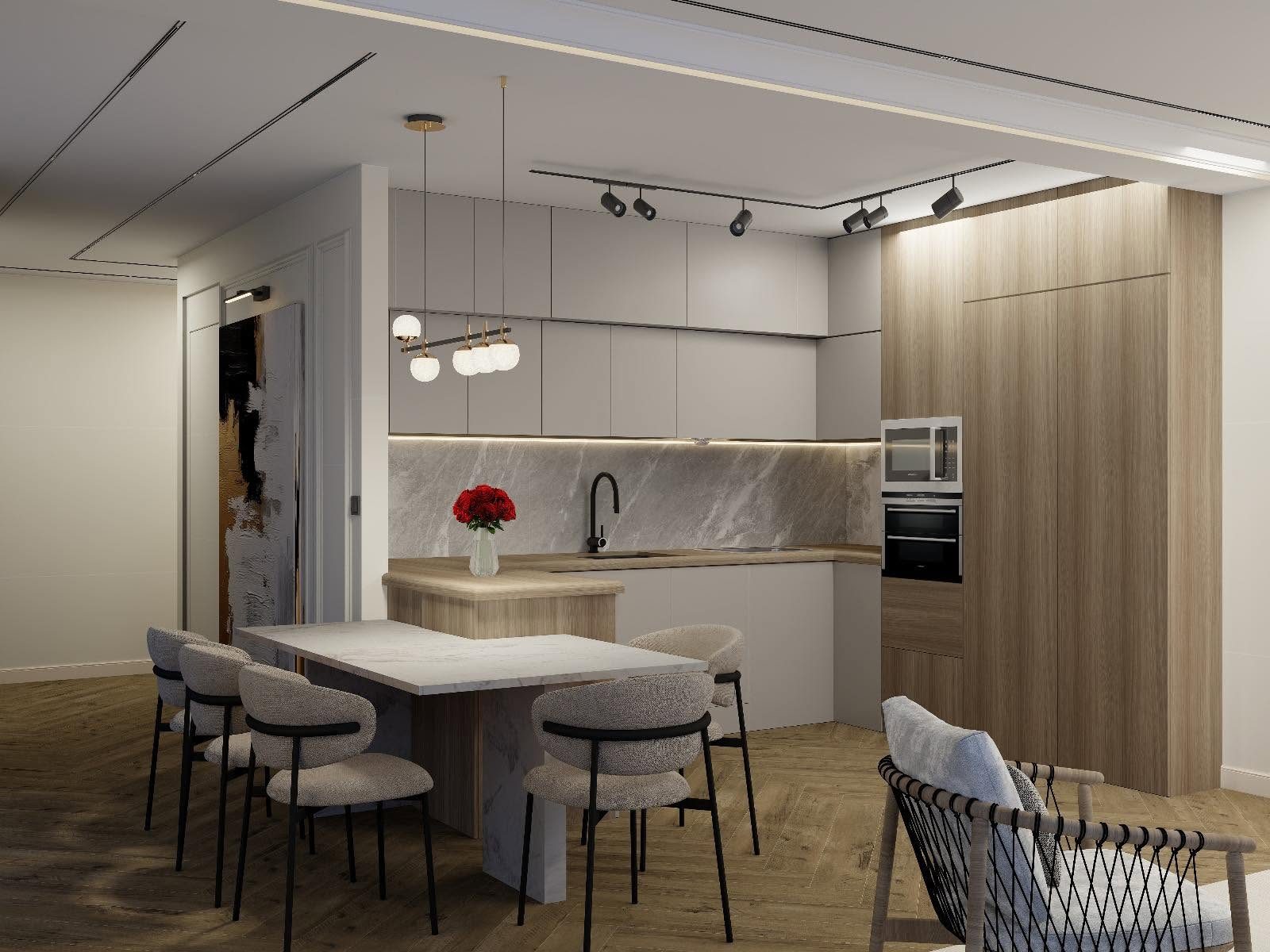 Open-space cu living, dining și bucătărie în nuanțe neutre, cu mobilier de lemn deschis și iluminat liniar pe șină